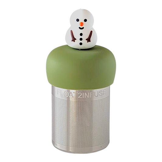 smiling fat snowman for loose leaf tea with fine mesh stainless steel tea strainer that reads FLOAT2INFUSE on a green base with a white background