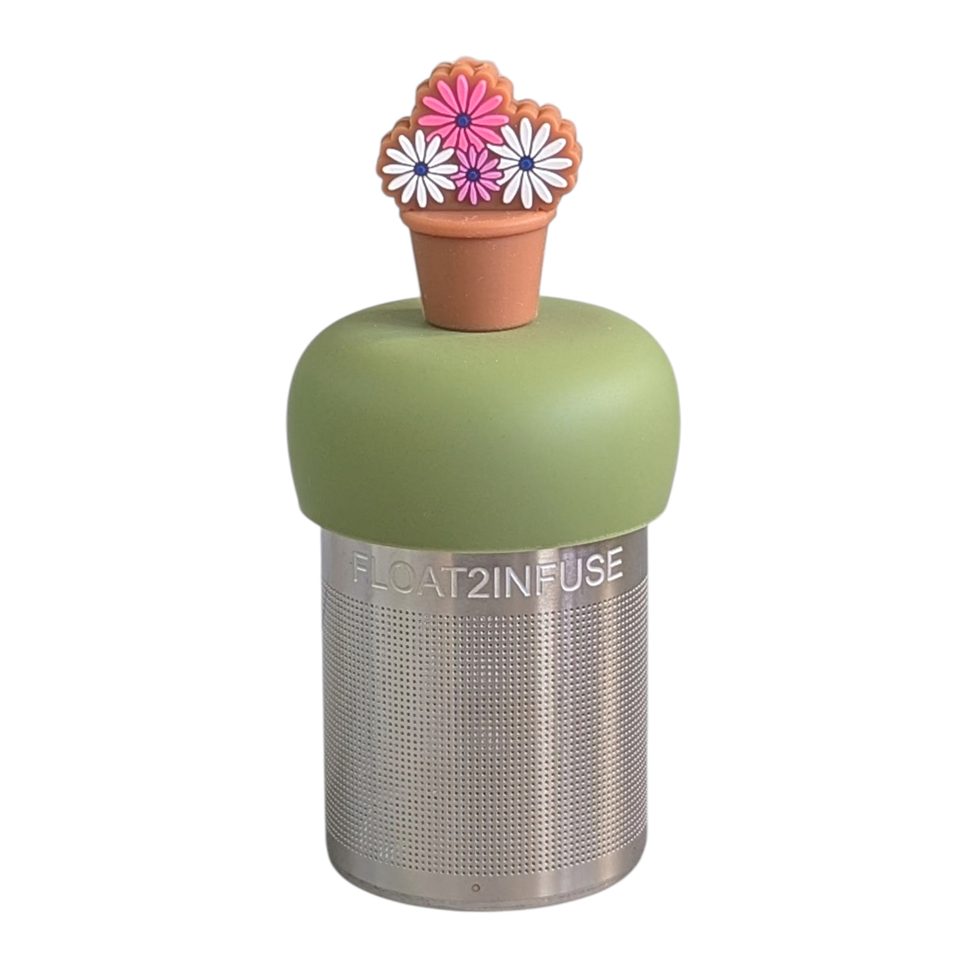 brown flower pot with pink and white flowers tea infuser  for loose leaf tea with fine mesh stainless steel tea strainer that reads FLOAT2INFUSE on a green base with white background