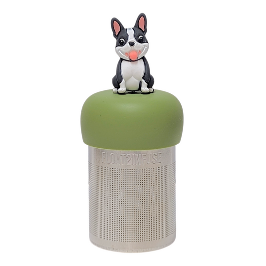 Gray and white French bulldog tea infuser with a green base for loose leaf tea with a fine mesh stainless steel tea strainer that reads FLOAT2INFUSE with a white background 
