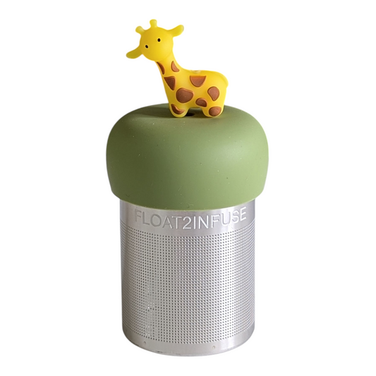 yellow giraffe animal tea infuser for loose leaf tea with a fine mesh stainless steel tea strainer that reads FLOAT2INFUSE on a green base with a white background