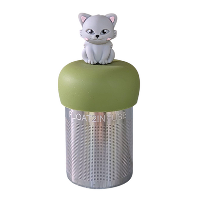 3d grey cat tea infuser for loose leaf tea with a fine mesh stainless steel tea strainer that reads FLOAT2INFUSE on a green base  with a white background