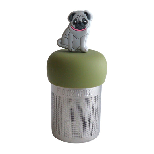grey pug dog tea infuser for loose leaf tea with a fine mesh stainless steel tea strainer that reads FLOAT2INFUSE on a green base with a white backgroun