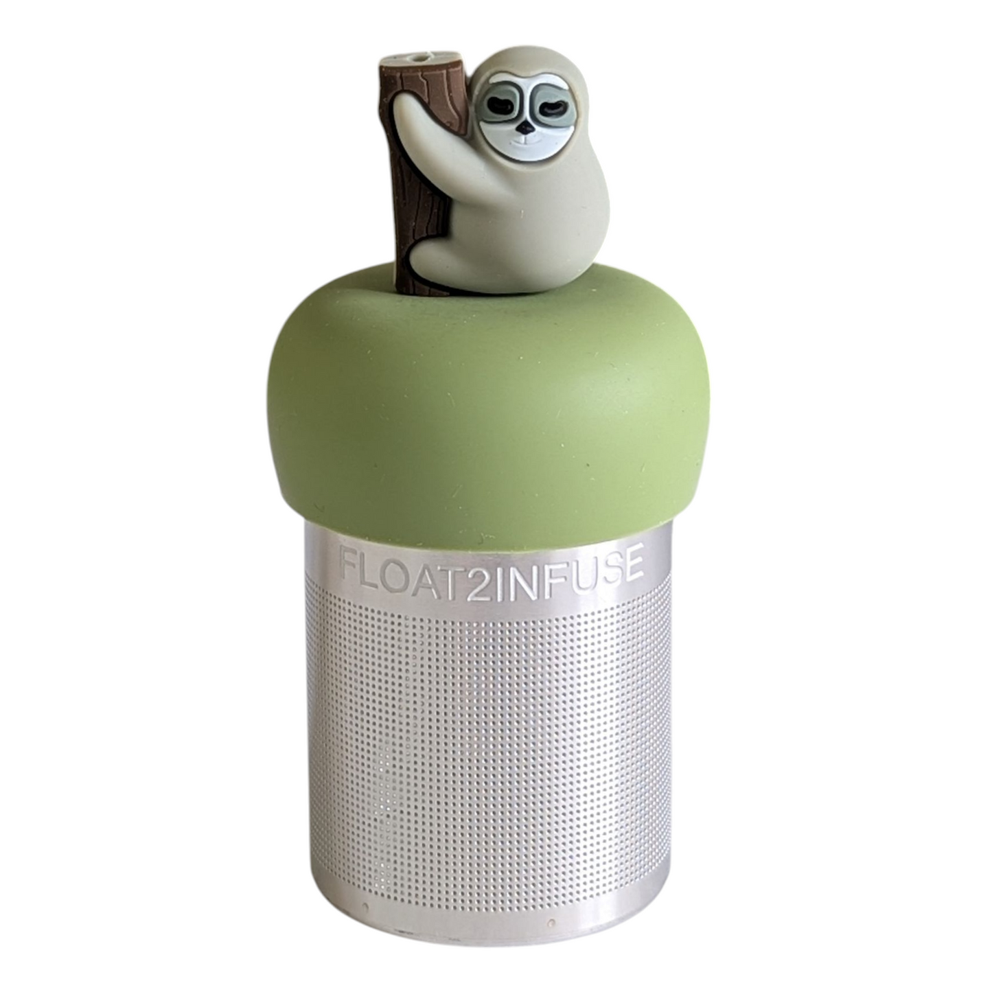 grey sloth animal climbing a tree tea infuser for loose leaf tea with a fine mesh stainless steel tea strainer that reads FLOAT2INFUSE on a green base with a white background