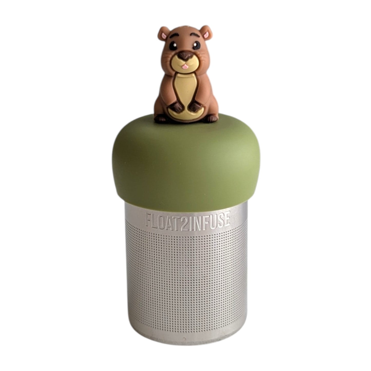 Sassy guinea pig tea infuser for loose leaf tea with a fine mesh stainless steel tea strainer 
that reads FLOAT2INFUSE on a green base with a white background
