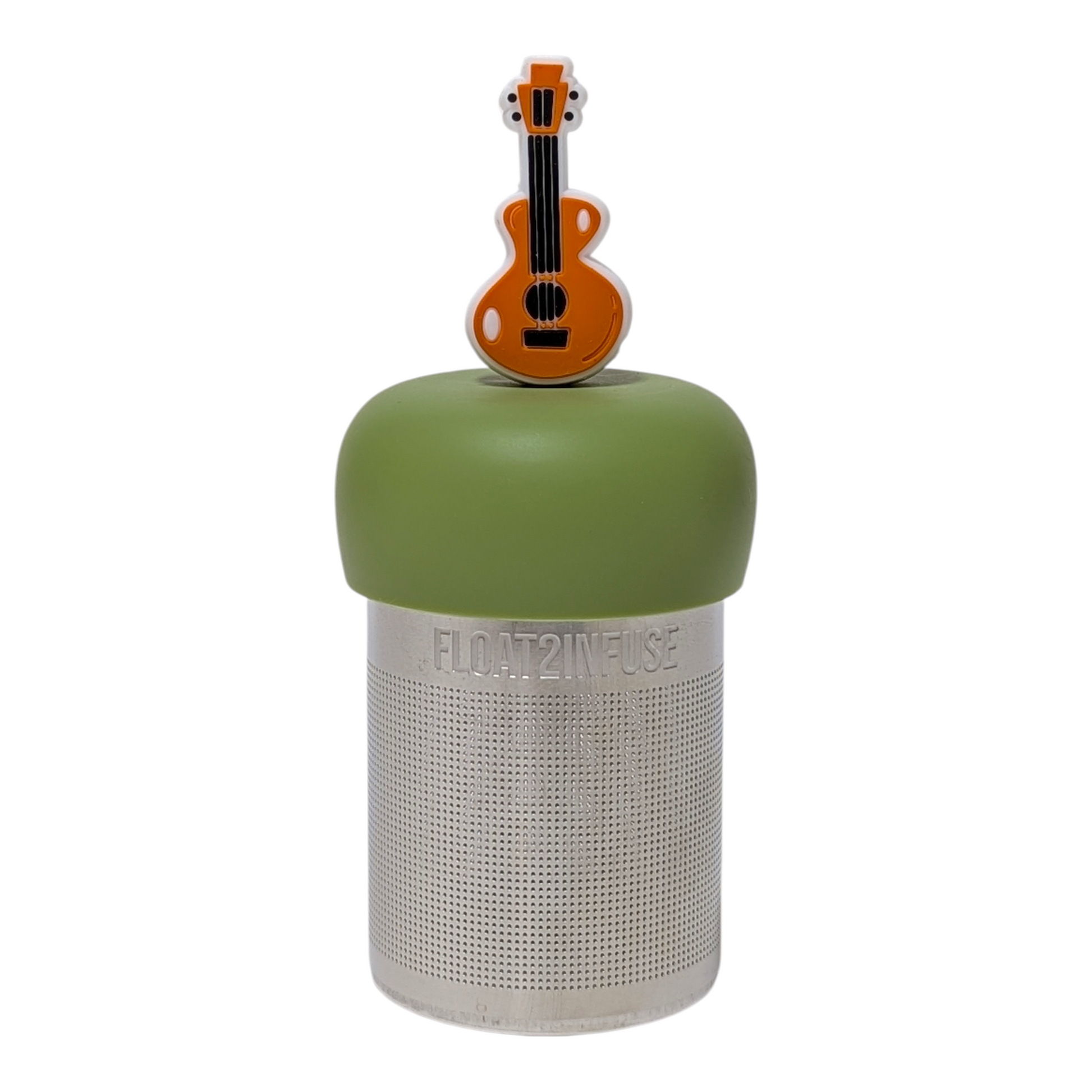 Brown guitar tea infuser  for loose leaf tea with a fine mesh stainless steel tea strainer that reads FLOAT2INFUSE on a green base with a white background