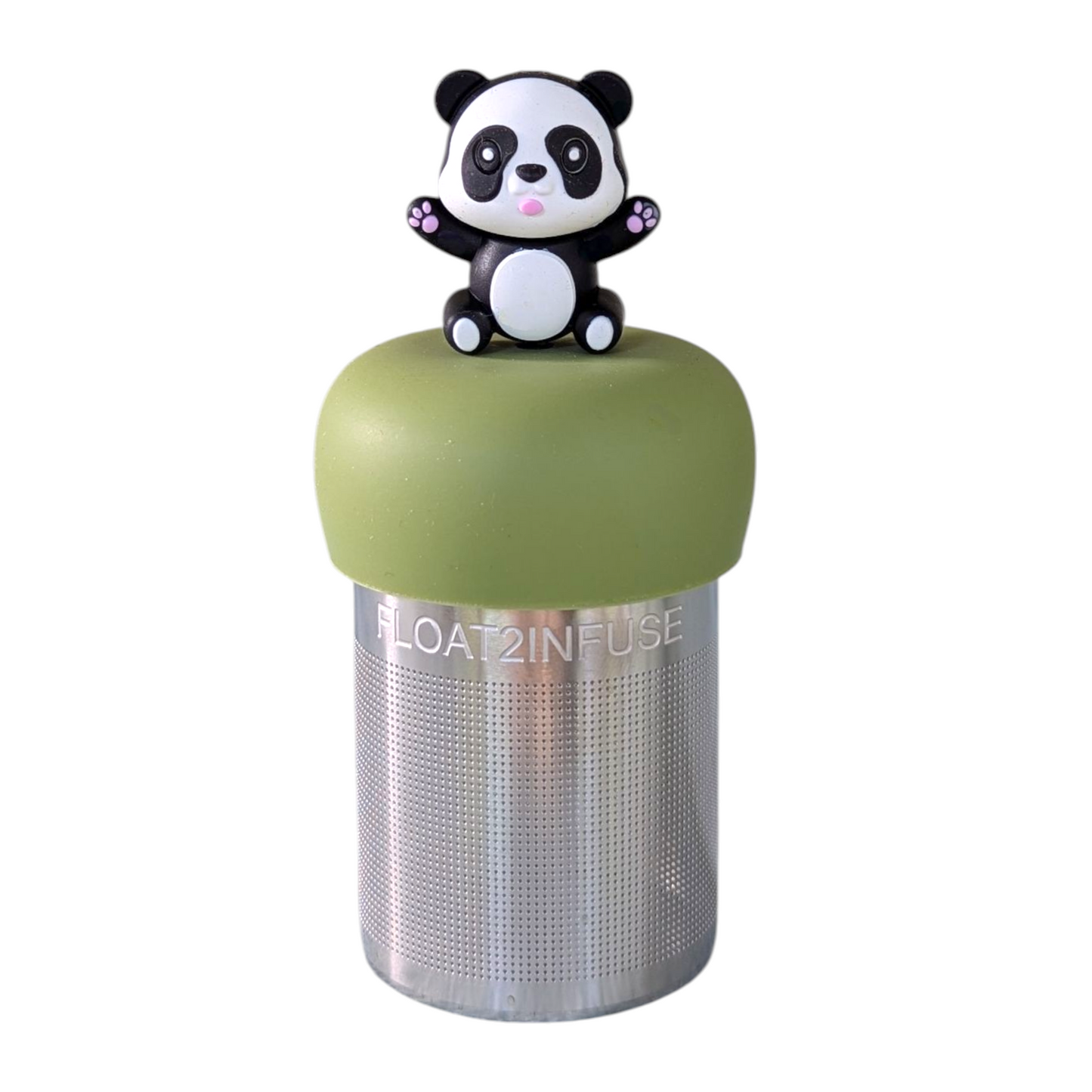 Black and white panda with outstretched arms tea  infuser for loose leaf tea with a fine mesh stainless steel tea strainer that reads FLOAT2INFUSE on a green base  with a white background