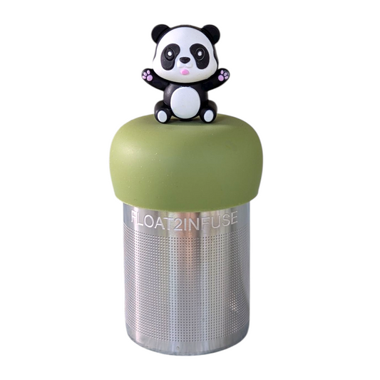 Black and white panda with outstretched arms tea  infuser for loose leaf tea with a fine mesh stainless steel tea strainer that reads FLOAT2INFUSE on a green base  with a white background