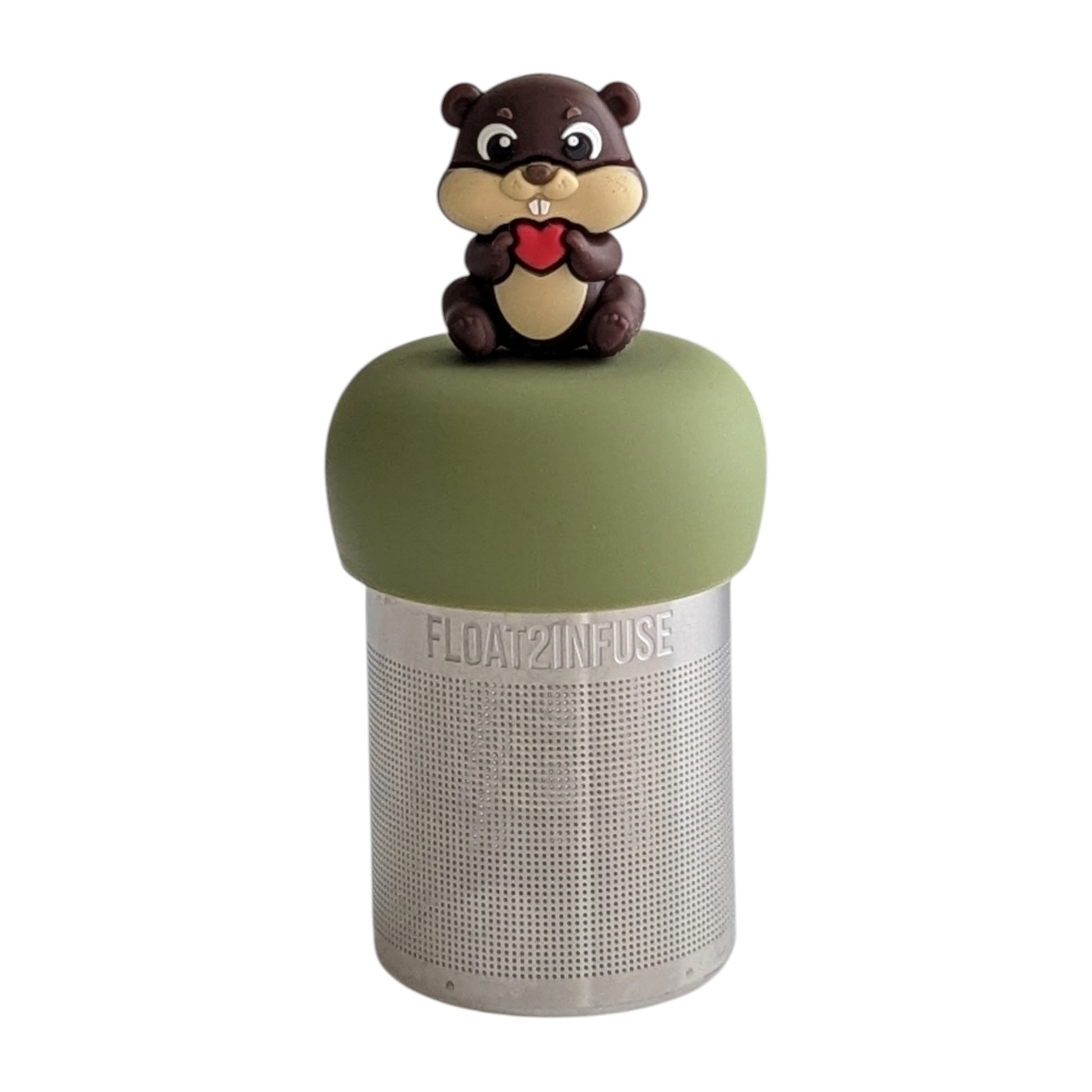 beaver animal holding a red heart tea infuser for loose leaf tea on a green base with a fine mesh stainless steel tea strainer that reads FLOAT2INFUSE with a white background