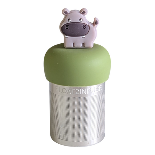 grey hippo animal tea infuser for loose leaf tea with a fine mesh stainless steel tea strainer that reads FLOAT2INFUSE on a green base with a white background