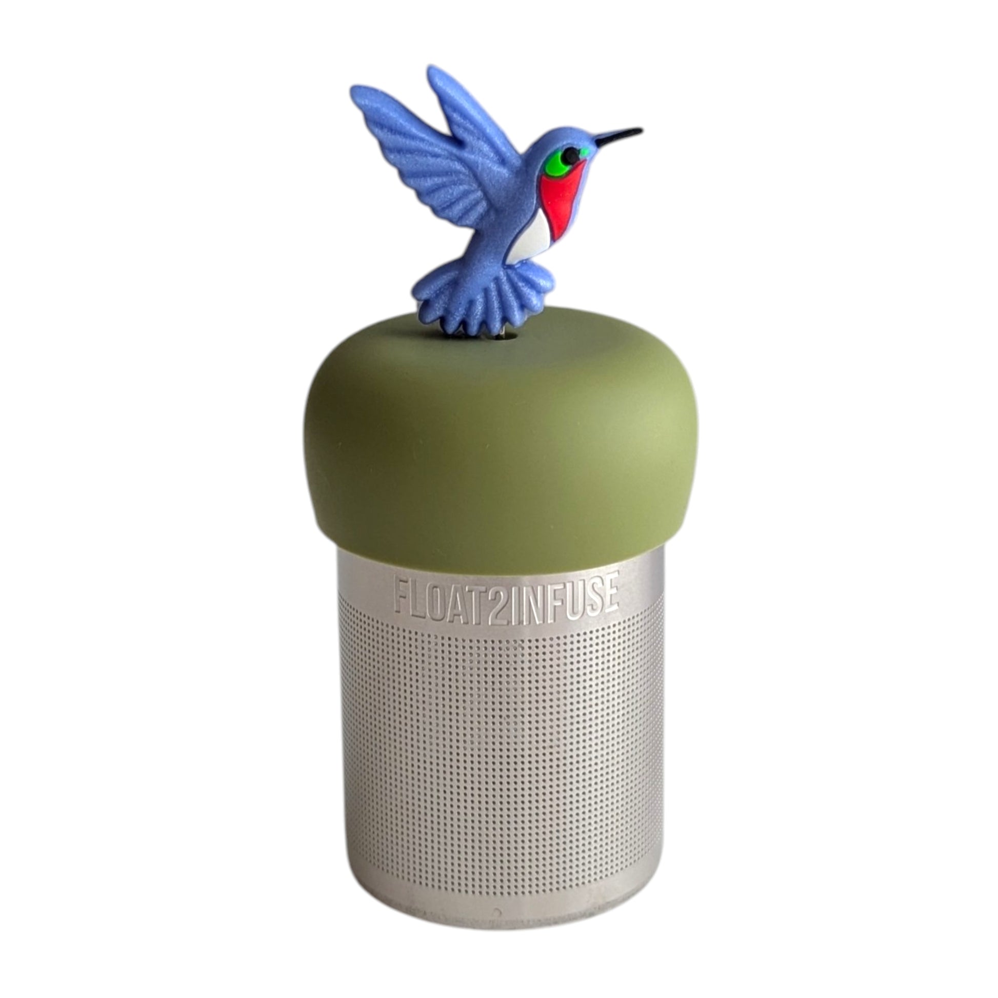 Beautiful blue hummingbird tea infuser for loose leaf tea with a fine mesh stainless steel tea strainer 
that reads FLOAT2INFUSE on a green base with a white background
