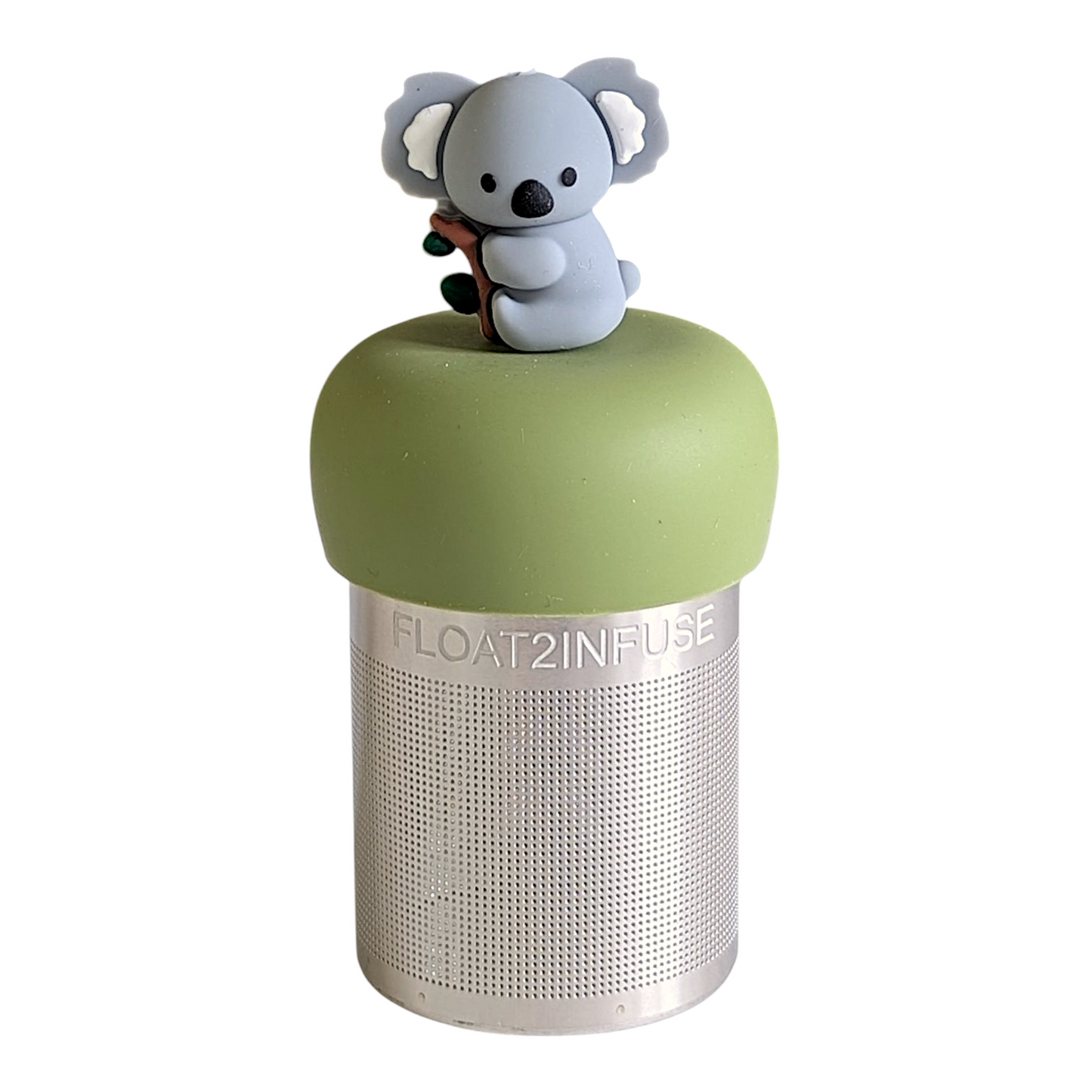 grey koala animal on a tree branch tea infuser for loose leaf tea with a fine mesh stainless steel tea strainer that reads FLOAT2INFUSE on a green base with a white background