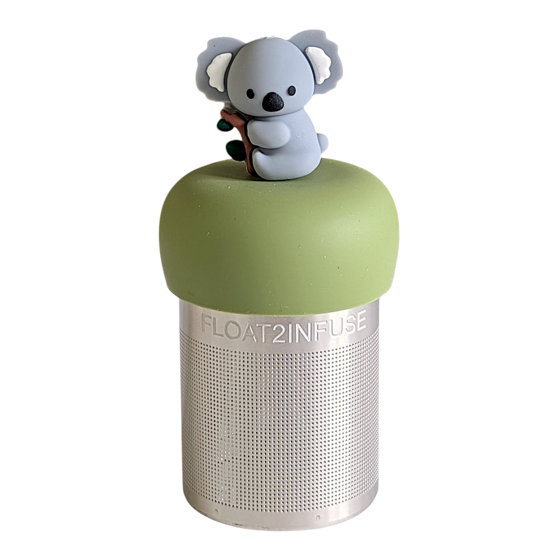 grey koala animal on a tree branch tea infuser for loose leaf tea with a fine mesh stainless steel tea strainer that reads FLOAT2INFUSE on a green base with a white background