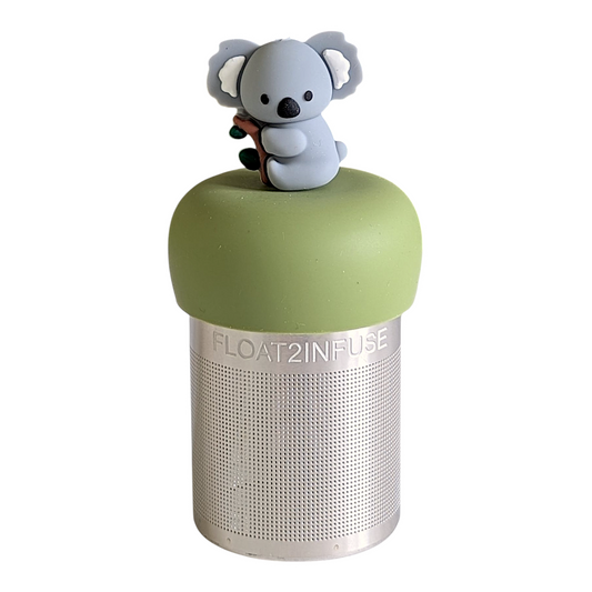 grey koala animal on a tree branch tea infuser for loose leaf tea with a fine mesh stainless steel tea strainer that reads FLOAT2INFUSE on a green base with a white background