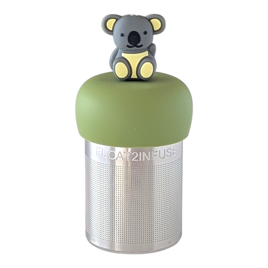 smiling and waving grey koala animal for loose leaf tea with fine mesh stainless steel tea strainer that reads FLOAT2INFUSE on a green base with a white background