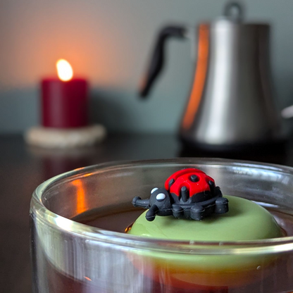 red and black ladybug tea infuser for loose leaf tea with a fine mesh stainless steel tea strainer that reads FLOAT2INFUSE on a green base with a lit candle and a tea kettle in the background