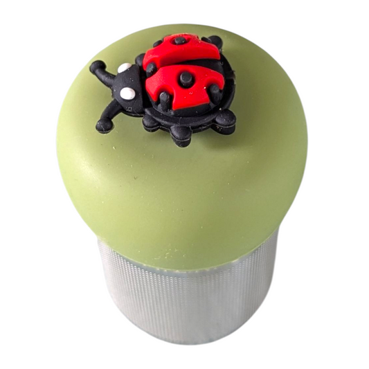 red and black ladybug for loose leaf tea with fine mesh stainless steel tea strainer that reads FLOAT2INFUSE on a green base with white background