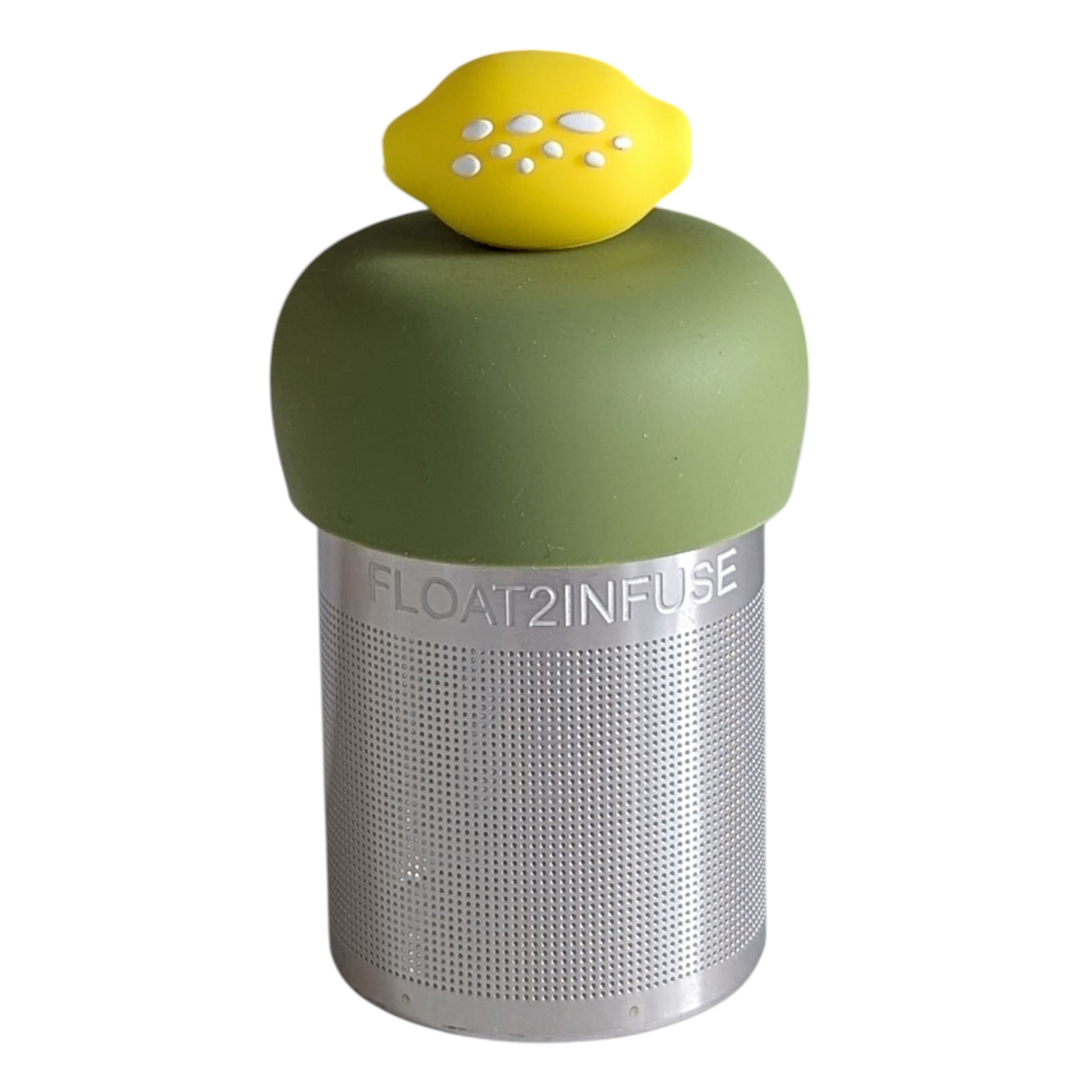 yellow lemon with white seeds tea infuser for loose leaf tea with a fine mesh stainless steel tea strainer that reads FLOAT2INFUSE on a green base with a white background