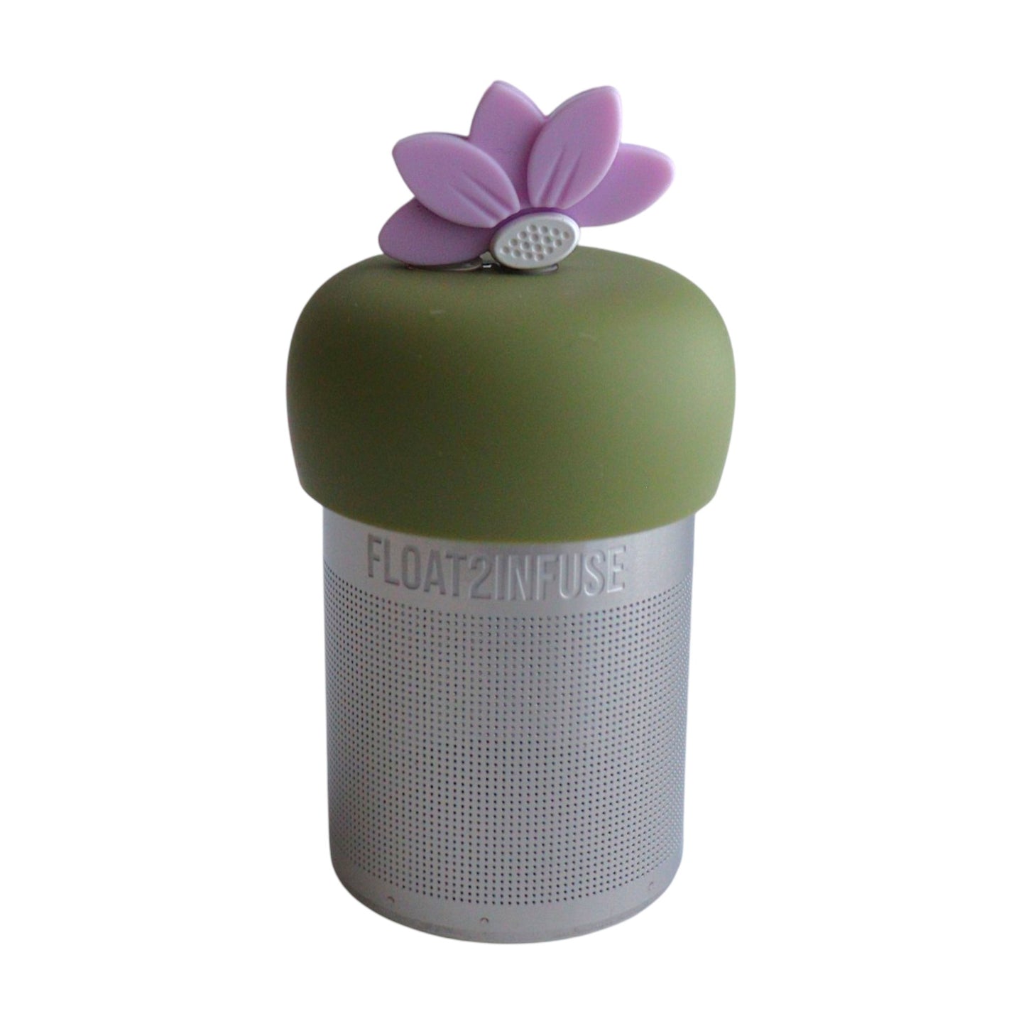light pink lotus flower tea infuser for loose leaf tea  with a fine mesh stainless steel tea infuser that reads FLOAT2INFUSE on a green base with a white background