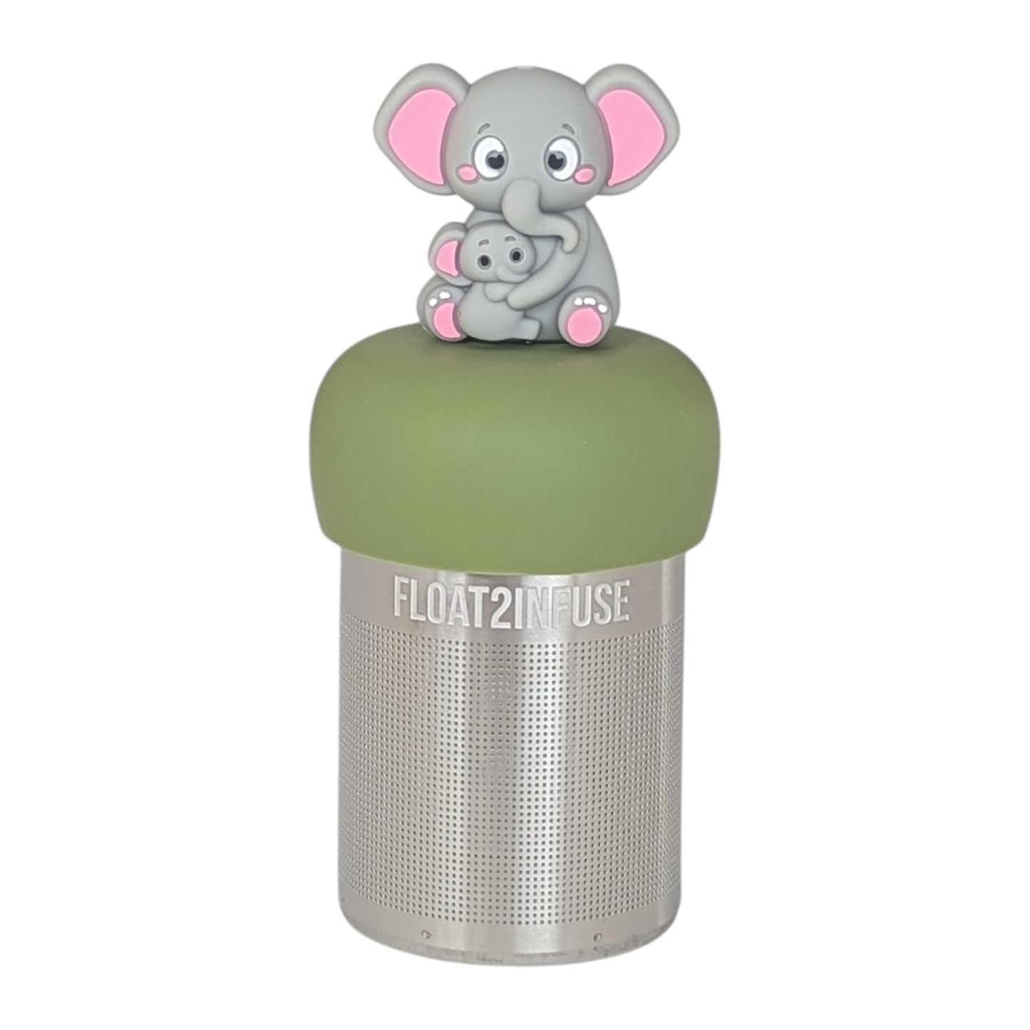 Gray elephant mom holding baby elephant tea infuser  for loose leaf tea with a fine mesh stainless steel tea strainer that reads FLOAT2INFUSE on a green base with a white background