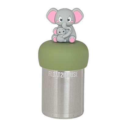 Gray elephant mom holding baby elephant tea infuser  for loose leaf tea with a fine mesh stainless steel tea strainer that reads FLOAT2INFUSE on a green base with a white background