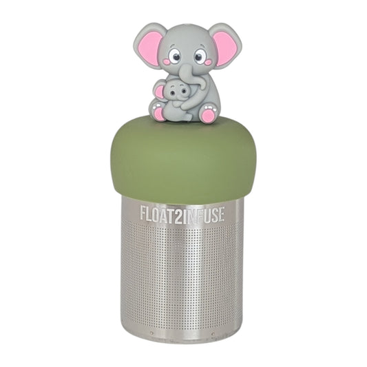 Gray elephant mom holding baby elephant tea infuser  for loose leaf tea with a fine mesh stainless steel tea strainer that reads FLOAT2INFUSE on a green base with a white background