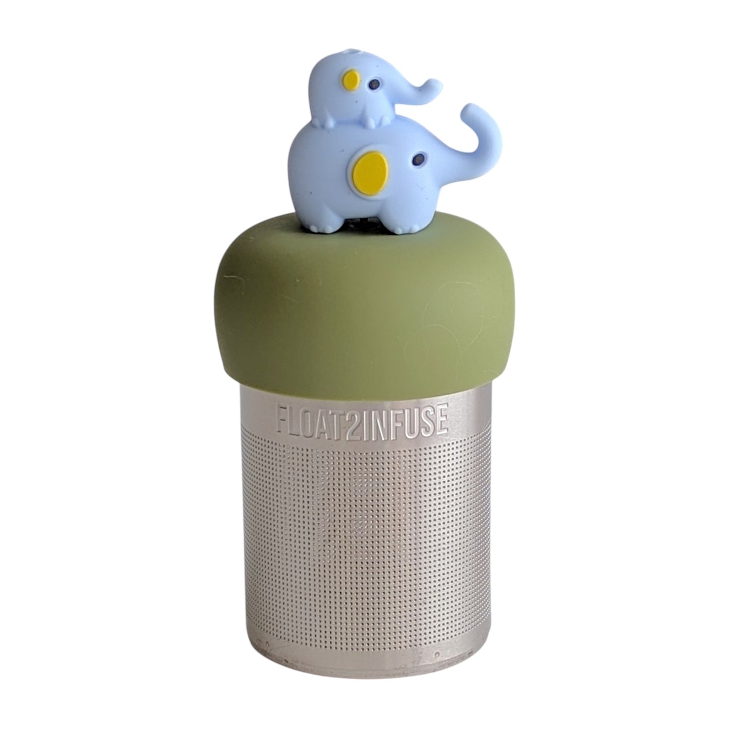Momma elephant with baby elephant riding on her back tea infuser for loose leaf tea with a fine mesh stainless steel tea strainer 
that reads FLOAT2INFUSE on a green base with a white background
