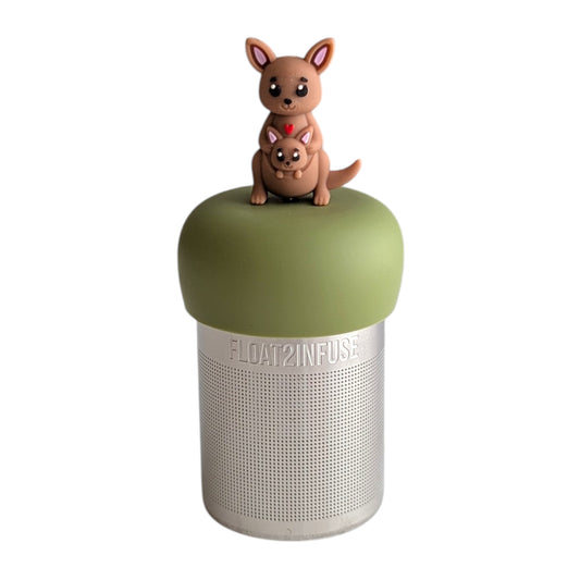 Cute mother kangaroo with a baby joey kangaroo in her pouch tea infuser for loose leaf tea with a fine mesh stainless steel tea strainer 
that reads FLOAT2INFUSE on a green base with a white background