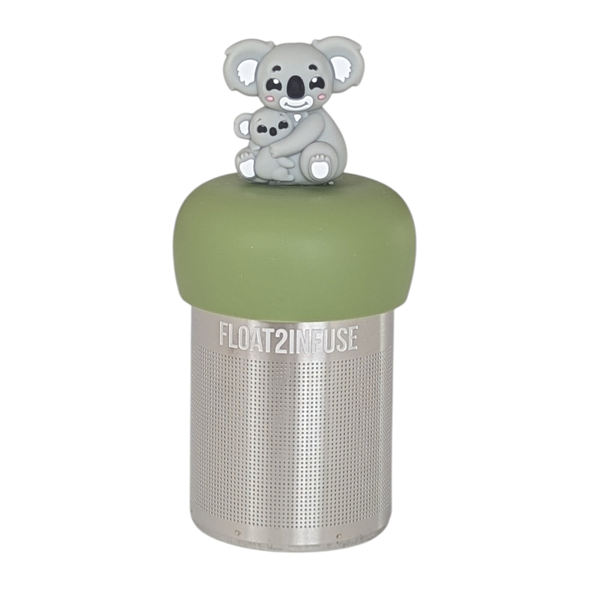 Gray koala mom holding baby koala tea infuser for loose leaf tea with a fine mesh stainless steel tea strainer that reads FLOAT2INFUSE on a green base with a white background