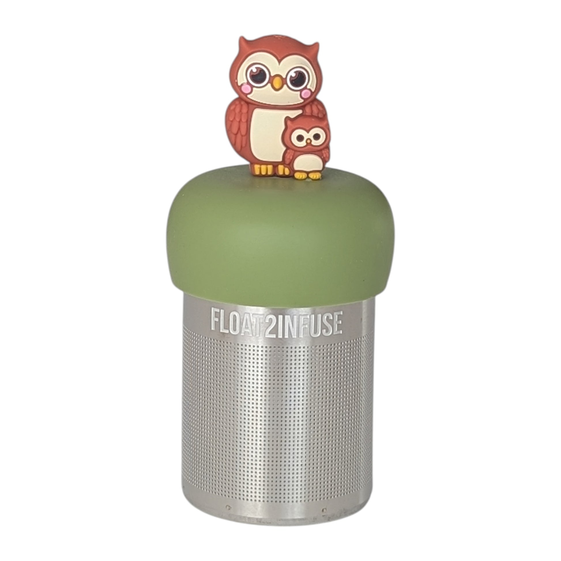 Brown owl mom holding baby owl tea infuser  for loose leaf tea with a fine mesh stainless steel tea strainer that reads FLOAT2INFUSE on a green base with a white background