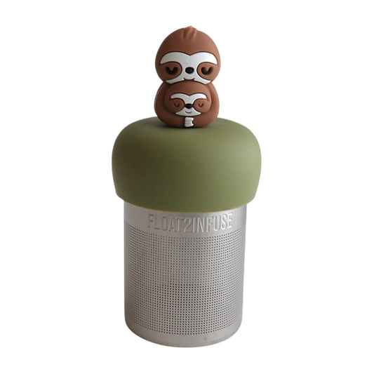 Mom and baby sloth tea infuser for loose leaf tea with a fine mesh stainless steel tea strainer 
that reads FLOAT2INFUSE on a green base with a white background