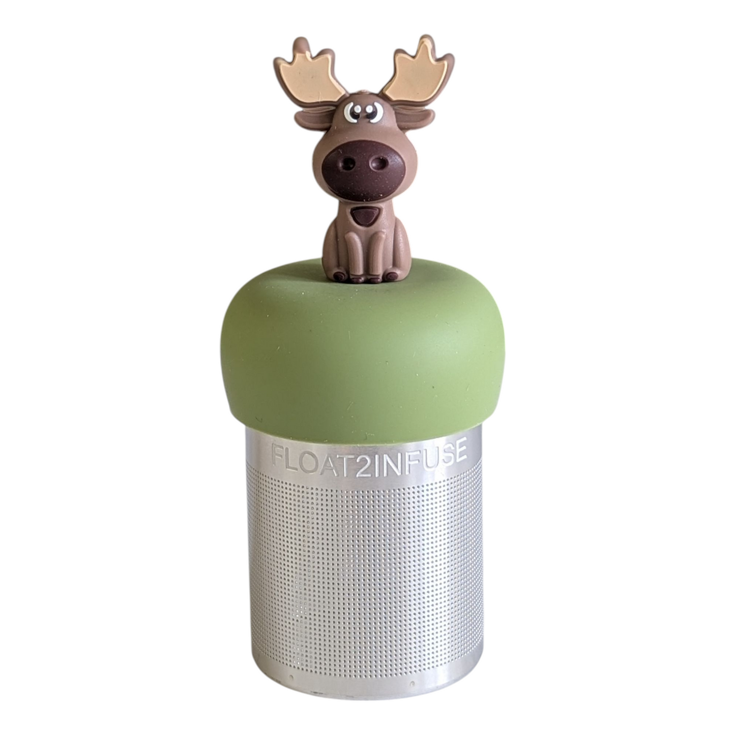 brown moose animal tea infuser for loose leaf tea with a fine mesh stainless steel tea strainer that reads FLOAT2INFUSE on a green base with a white background