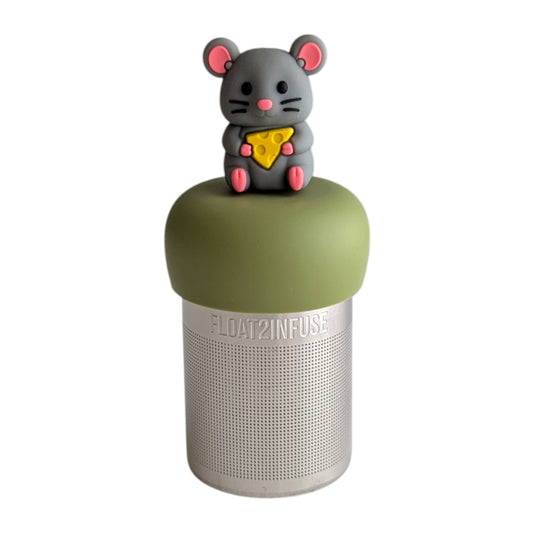 adorable grey mouse with yellow cheese wedge tea infuser for loose leaf tea with a fine mesh stainless steel tea strainer 
that reads FLOAT2INFUSE on a green base with a white background