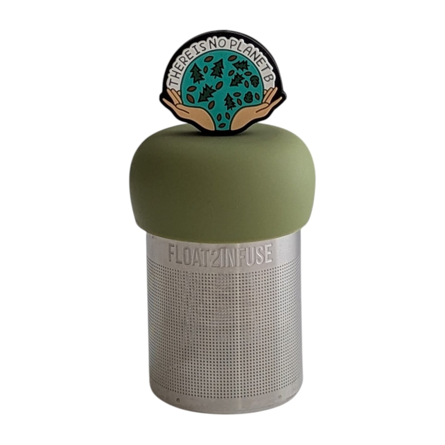 black circle with open hands holding images of leaves and pine trees, and text that reads "There is no planet b" tea infuser for loose leaf tea on a green base with a fine mesh stainless steel tea infuser that reads FLOAT2INFUSE on a white background