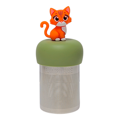 Orange cat animal tea infuser  for loose leaf tea with a fine mesh stainless steel tea strainer that reads FLOAT2INFUSE on a green base with a white background