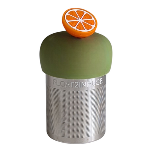orange fruit slice tea infuser for loose leaf tea with a fine mesh stainless steel tea strainer that reads FLOAT2INFUSE on a green base with a white background