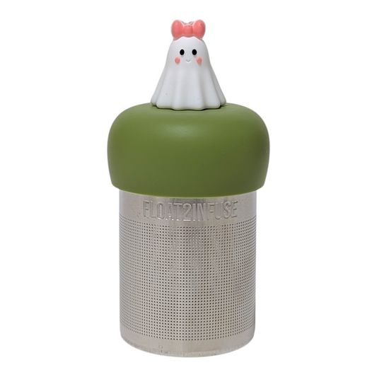 Cute white ghost with pink bow tea infuser  for loose leaf tea with a fine mesh stainless steel tea strainer that reads FLOAT2INFUSE on a green base with a white background