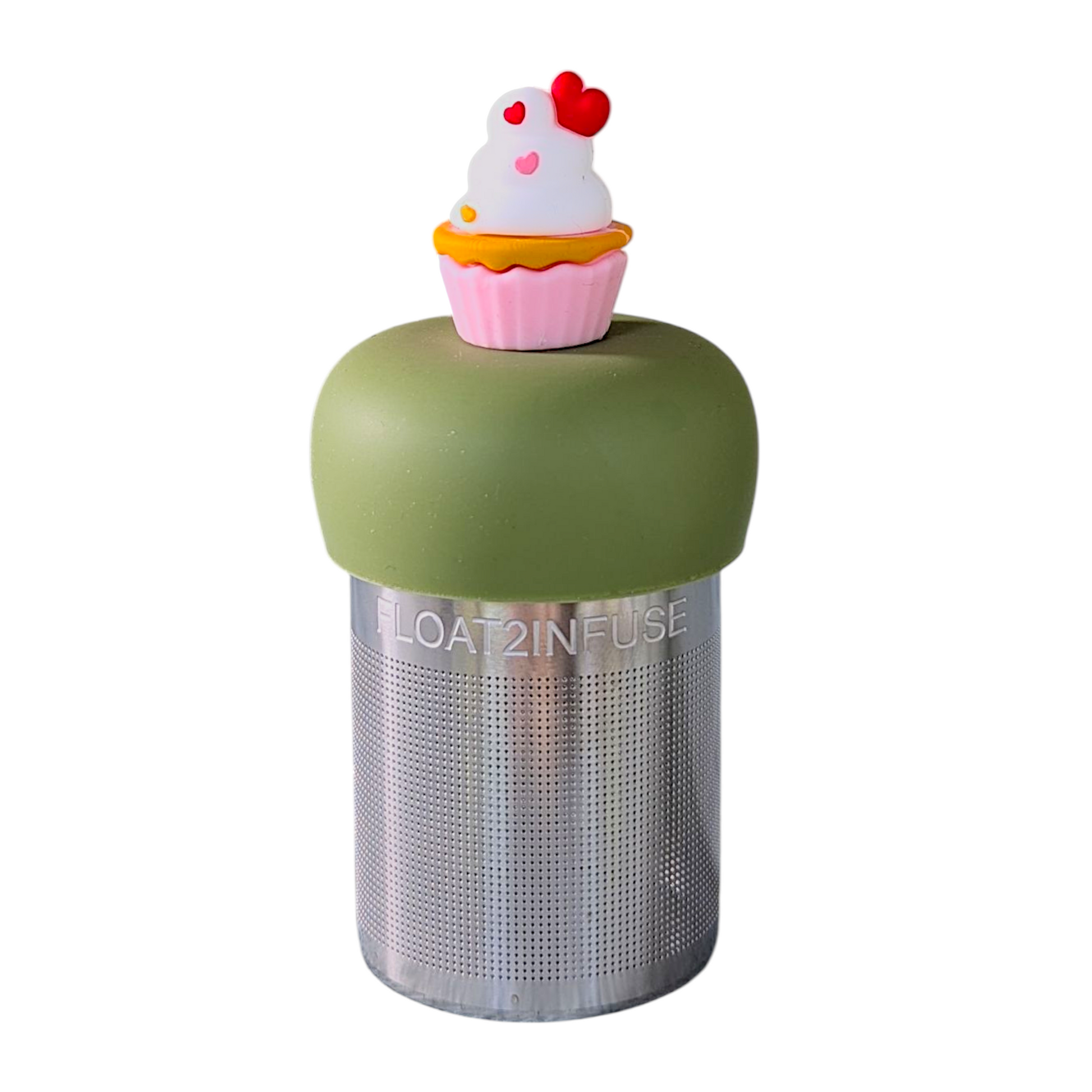 vanilla cupcake in a pink wrapper with white icing and heart shaped sprinkles tea infuser for loose leaf tea with a fine mesh stainless steel tea strainer that reads FLOAT2INFUSE on a green base  with a white background
