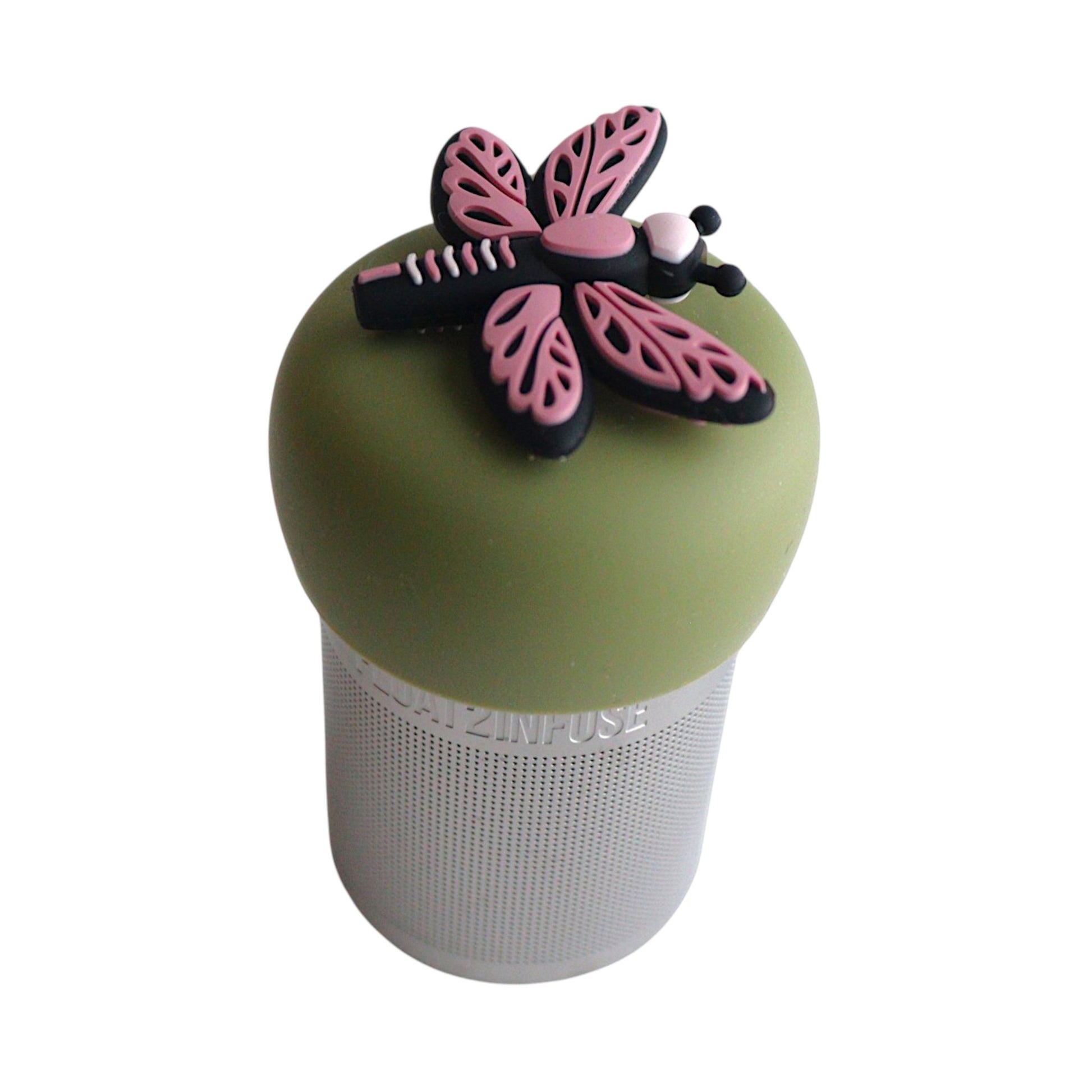 Pink dragonfly tea infuser for loose leaf tea with a fine mesh stainless steel tea strainer 
that reads FLOAT2INFUSE on a green base with a white background