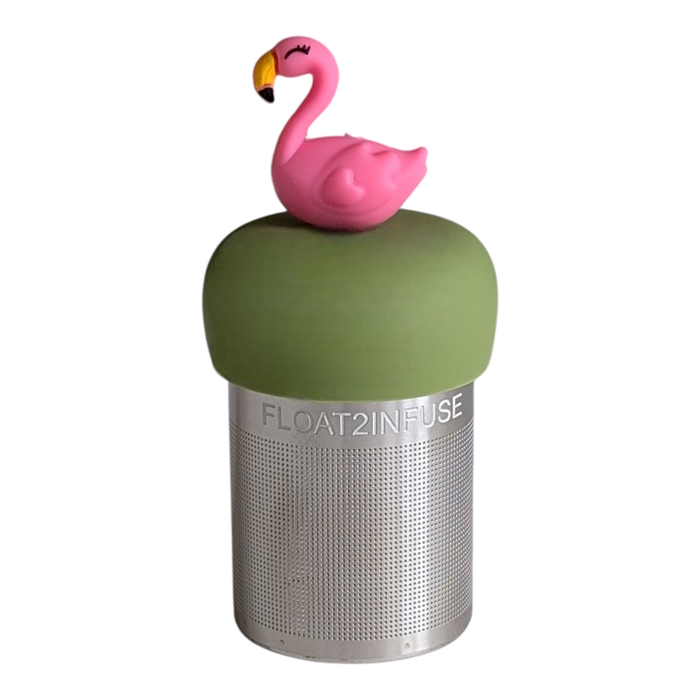 pink flamingo tea infuser for loose leaf tea with a fine mesh stainless steel tea strainer that reads FLOAT2INFUSE on a green base with a white background