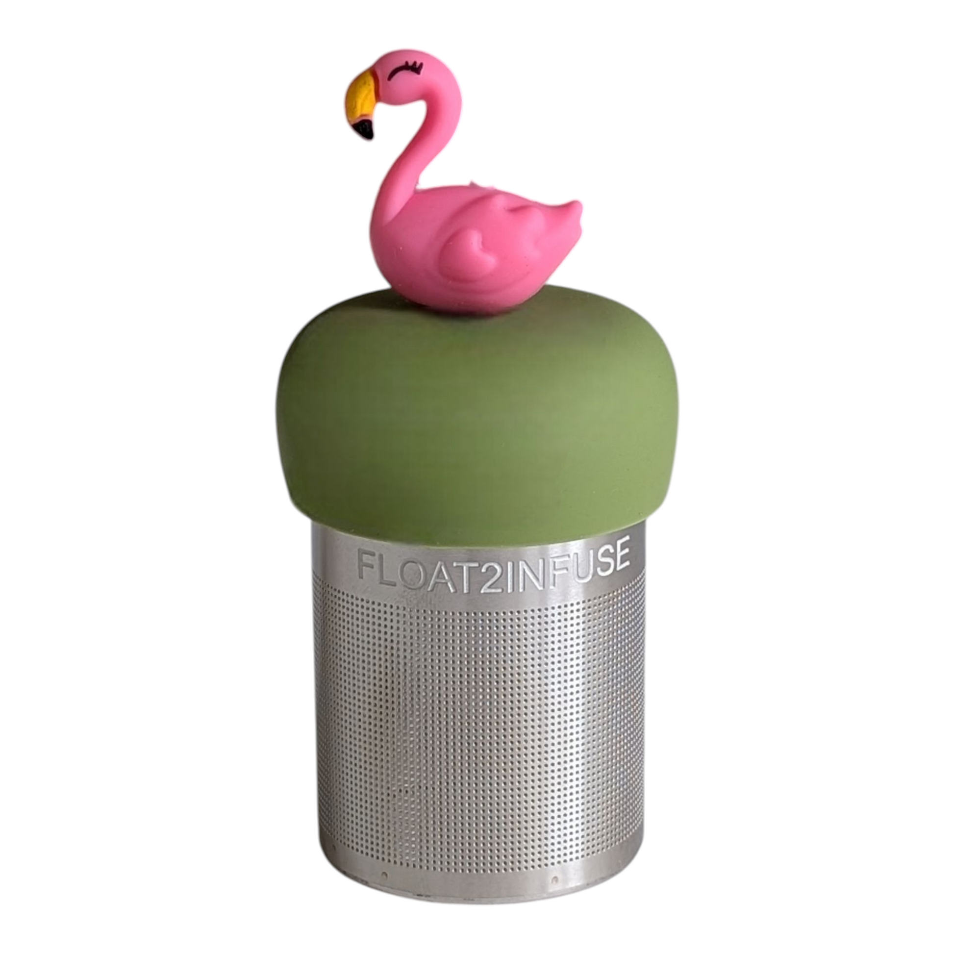 pink flamingo tea infuser for loose leaf tea with a fine mesh stainless steel tea strainer that reads FLOAT2INFUSE on a green base with a white background