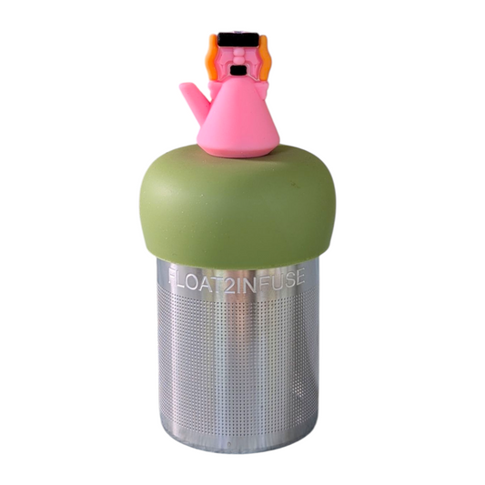 pink tea kettle with orange and black handle tea infuser  for loose leaf tea with fine mesh stainless steel tea strainer that reads FLOAT2INFUSE on a green base with a white background