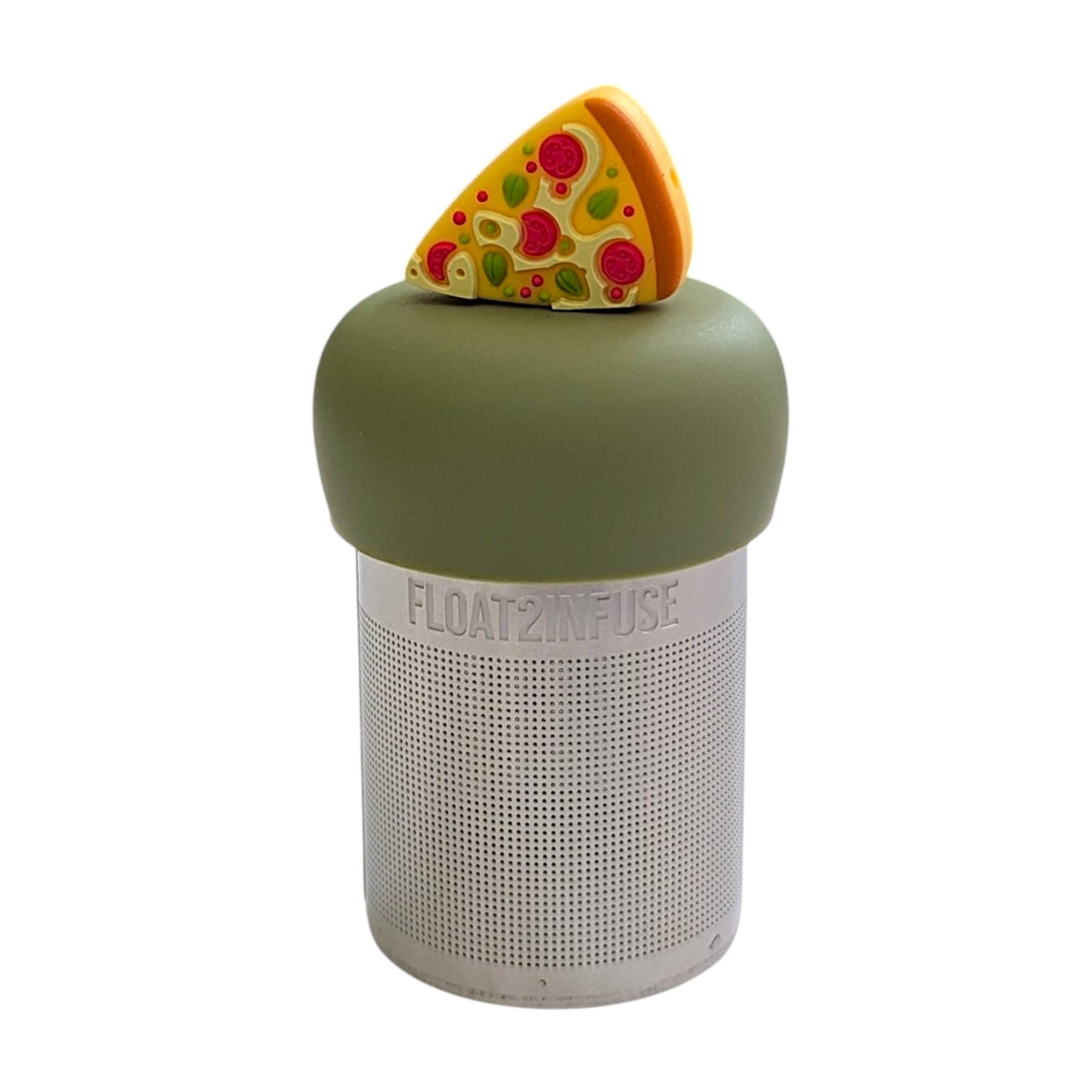 Pizza slice with cheese pepperoni and green peppers and spices on top tea infuser for loose leaf tea with a fine mesh stainless steel tea strainer that reads FLOAT2INFUSE on a green base with a white background