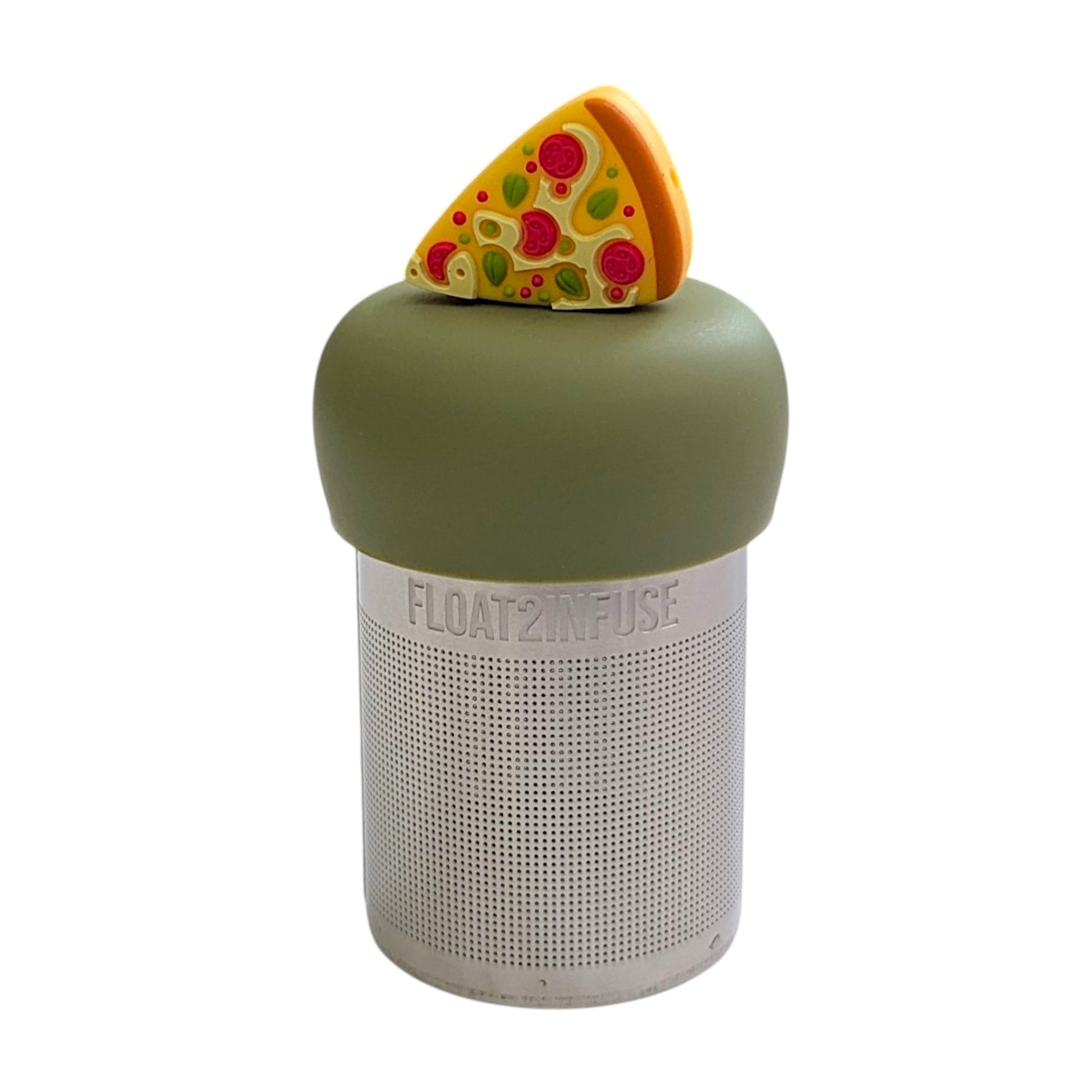 Pizza slice with cheese pepperoni and green peppers and spices on top tea infuser for loose leaf tea with a fine mesh stainless steel tea strainer that reads FLOAT2INFUSE on a green base with a white background