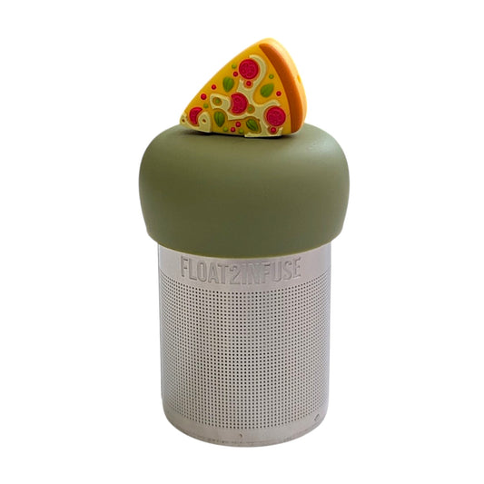 Pizza slice with cheese pepperoni and green peppers and spices on top tea infuser for loose leaf tea with a fine mesh stainless steel tea strainer that reads FLOAT2INFUSE on a green base with a white background
