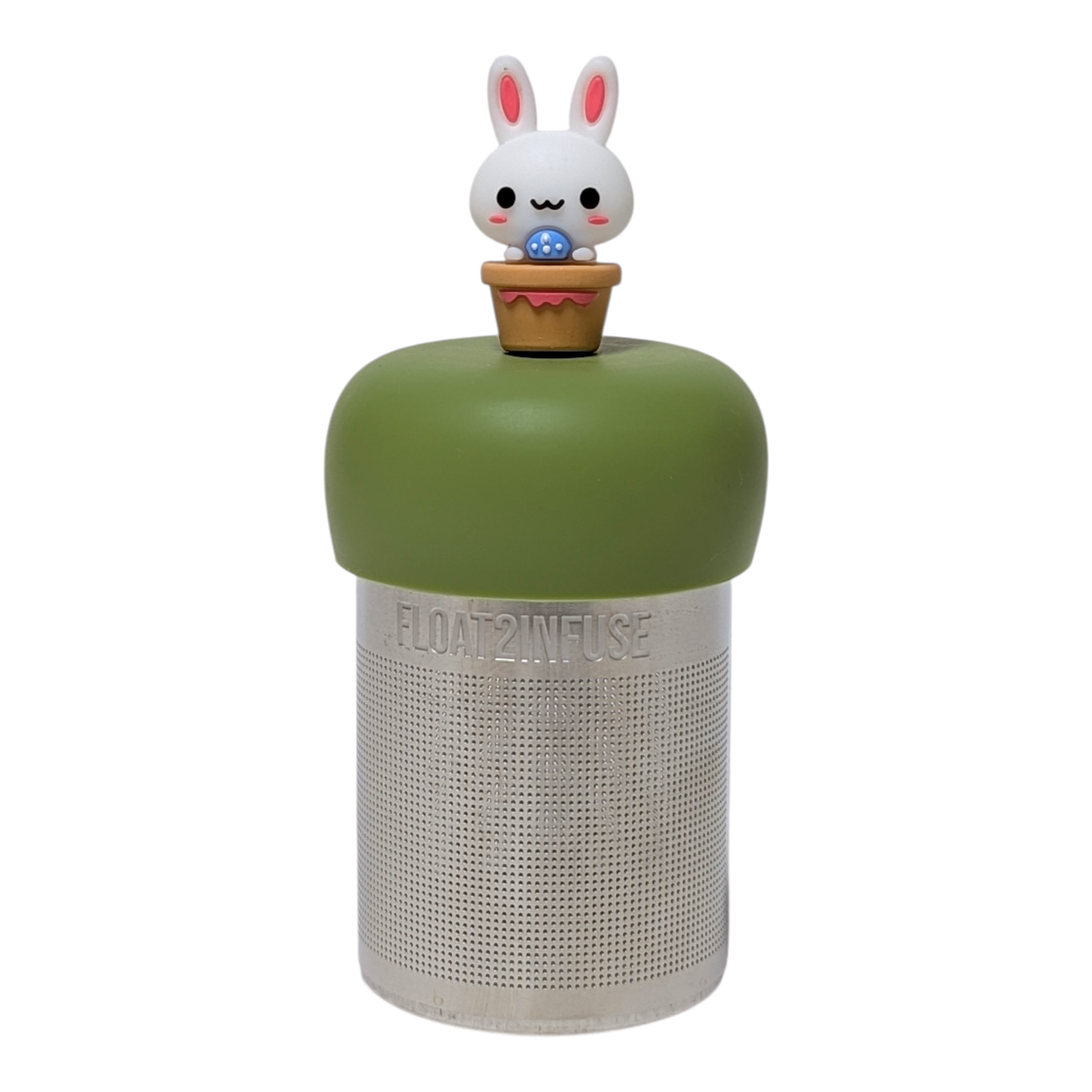 White bunny in flower pot holding blue egg tea infuser  for loose leaf tea with a fine mesh stainless steel tea strainer that reads FLOAT2INFUSE on a green base with a white background