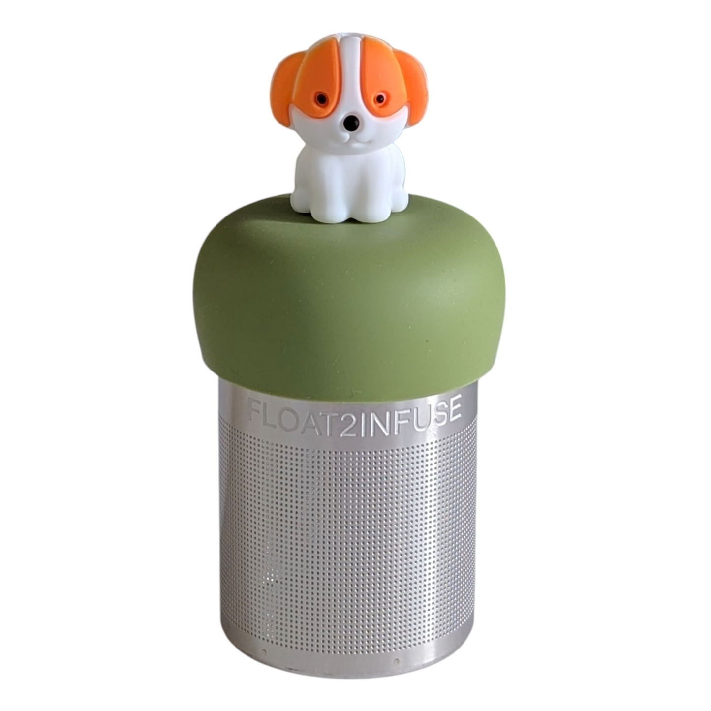 orange and white puppy dog animal tea infuser for loose leaf tea with a fine mesh stainless steel tea strainer that reads FLOAT2INFUSE on a green base with a white background