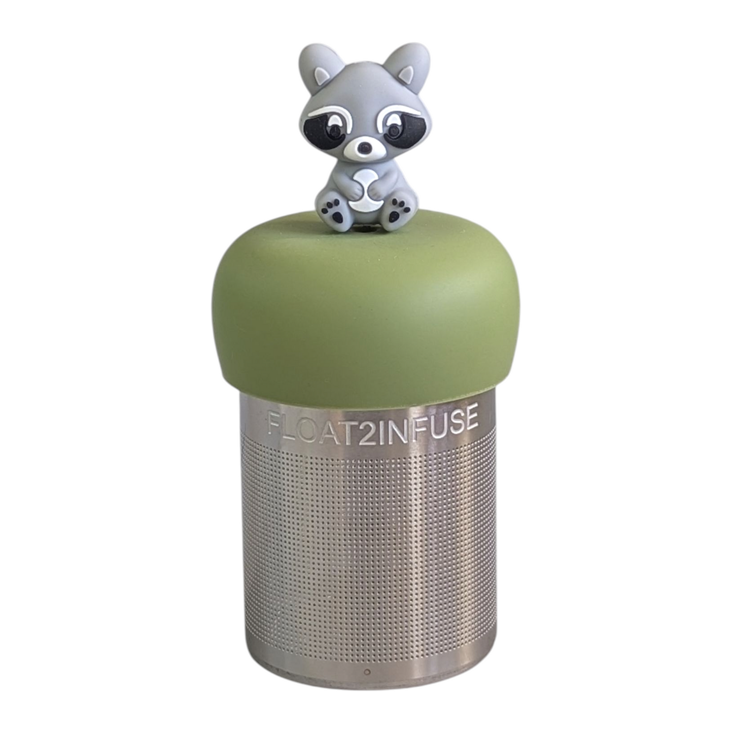 grey raccoon tea infuser  for loose leaf tea with fine mesh stainless steel tea strainer that reads FLOAT2INFUSE on a green base with white background
