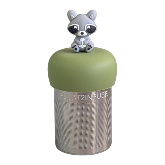 grey raccoon tea infuser  for loose leaf tea with fine mesh stainless steel tea strainer that reads FLOAT2INFUSE on a green base with white background