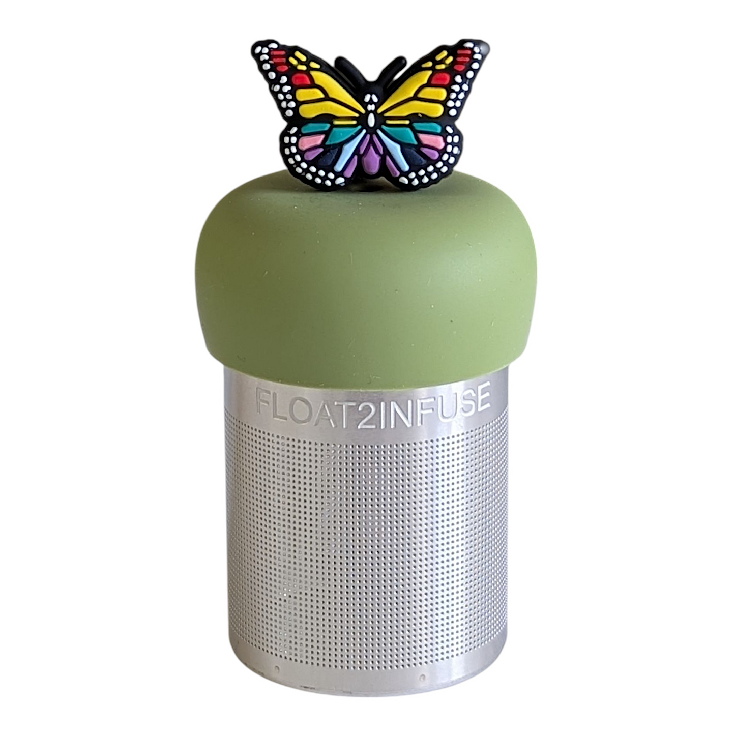 rainbow butterfly animal tea infuser for loose leaf tea with a fine mesh stainless steel tea strainer that reads FLOAT2INFUSE on a green base with a white background