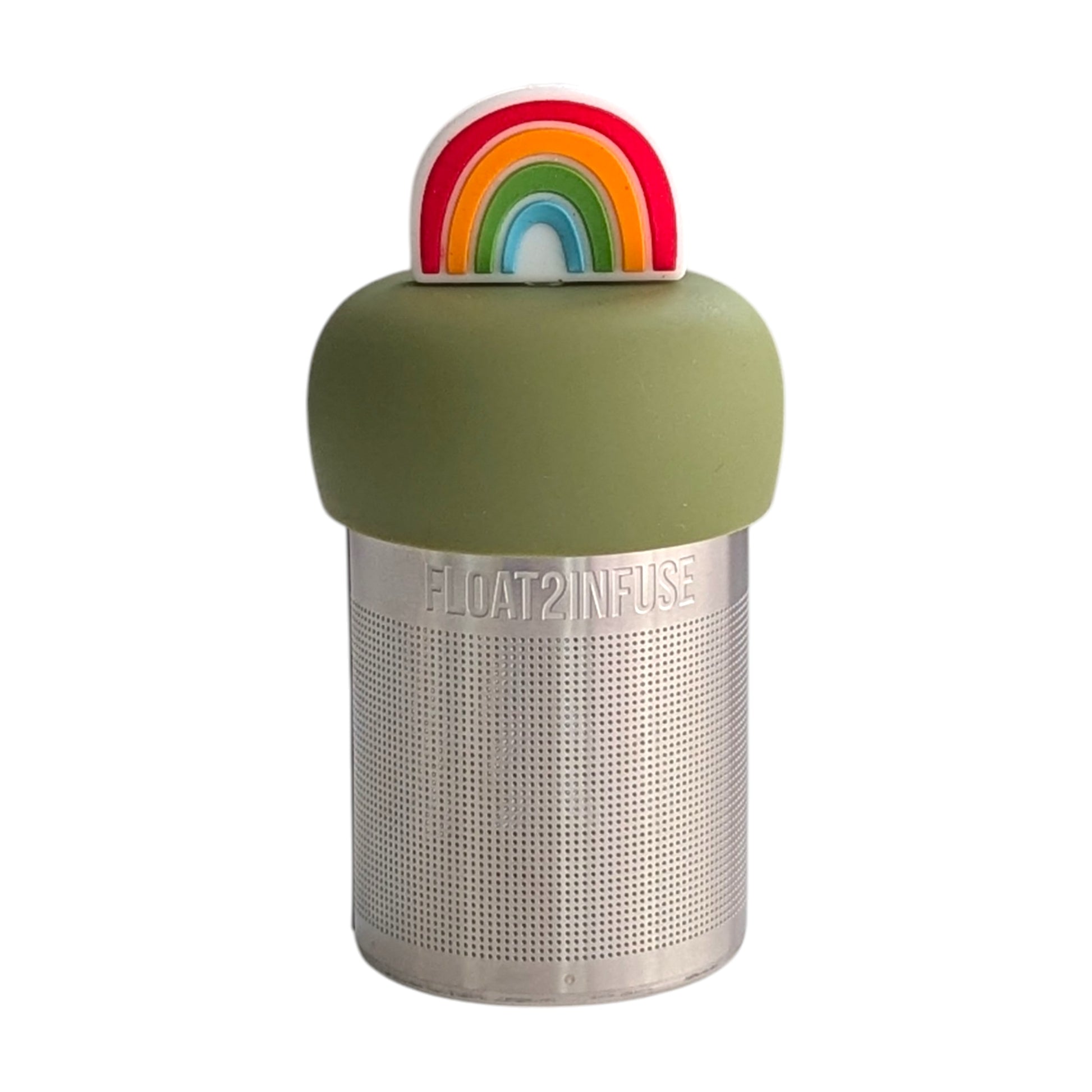 Cute rainbow tea infuser for loose leaf tea with a fine mesh stainless steel tea strainer 
that reads FLOAT2INFUSE on a green base with a white background
